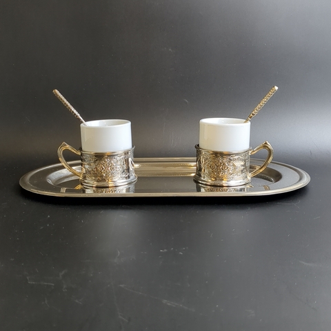 Кофейный набор на 2 персоны с подносом, металл с фарфором, с элементами ручной отделки, винтаж времён СССР 1970-1990 гг