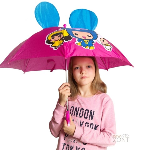 Детский зонт малиновый с японскими мультяшными девочками и ушками со свистком