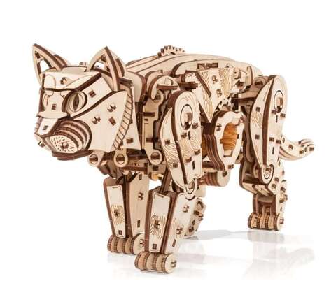 Механический Кот от Eco Wood Art (EWA) - Деревянный конструктор, сборная механическая модель, 3D Пазл