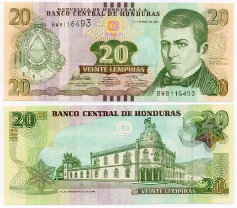 Банкнота Гондурас 20 лемпир 2012 год. UNC
