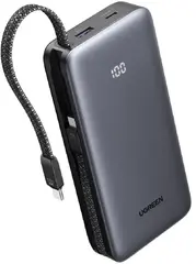 Внешний аккумулятор со встроенным кабелем UGREEN PB528 (55985B) 30W Power Bank 20000mAh with Built-in Cable, серый космос