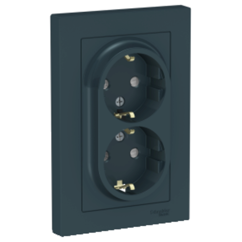 Розетка двойная с заземлением со шторками, 16А, в сборе. Цвет Изумруд. Schneider Electric AtlasDesign. ATN000826
