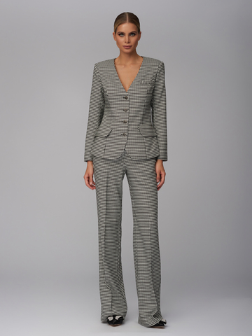 Женский серый костюм без ворота в клетку «гусиная лапка»