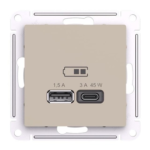 Розетка зарядное устройство USB 2 разъёма тип - A/C 45 Вт c протоколом QC, PD. Цвет Песочный. Schneider Electric AtlasDesign. ATN001229