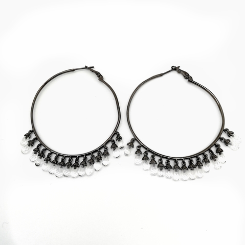 168/007- Серьги-кольца Drop из чёрного серебра с цирконами-каплями огранки бриолет