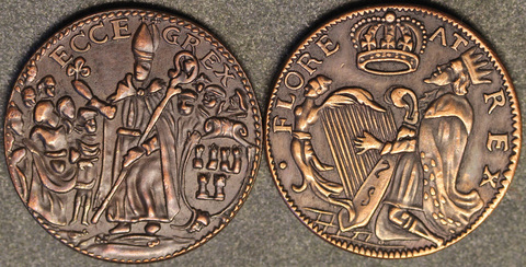 Жетон 1 шиллинг Ирландия 1674-1675 Святой Патрик медь патина копия Копия