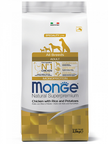 15 кг. MONGE Сухой корм для собак с курицей, рисом и картофелем Dog Speciality Monoprotein Adult Chicken 25/15