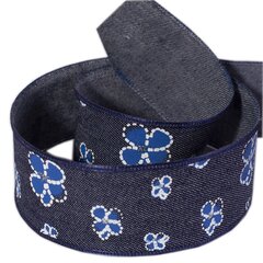 
          Декоративная лента джинсовая для рукоделия, упаковки и флористики с цветочным принтом, 4 см, намотка 20 ярдов, голубой, дизайн синие цветы