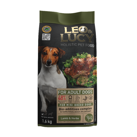 LEO&LUCY сухой холистик корм полнорационный для взрослых собак мини пород с ягненком, травами и биодобавками, 1,6 кг