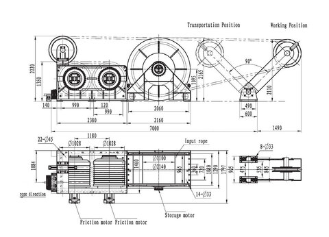 Лебедка тяговая гидравлическая автономная IMYJ61111-1500-400-63-ZPG с тяговым усилием 150 тс и тросом 400 м (габаритные размеры)