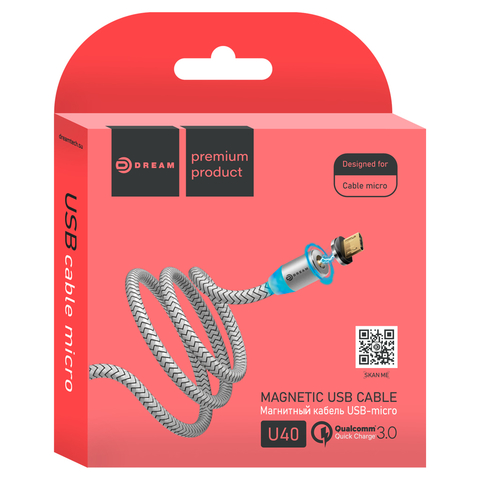 Кабель USB - microUSB U40 QC3.0 2.4A 1M (магнитный) серебро DREAM