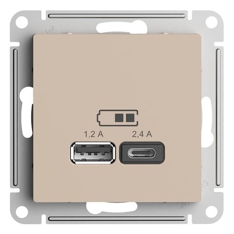 Розетка USB-зарядка двойная А+С 5В/2,4 А, 2х5В/1,2 А. Цвет Песочный. Schneider Electric AtlasDesign. ATN001239