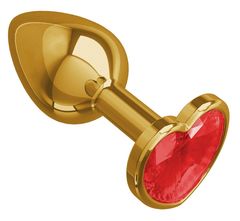 Золотистая анальная втулка с красным кристаллом-сердцем - 7 см. - 