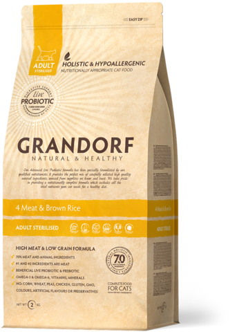Grandorf Cat 4 Meat&Rice Probiotic STERILISED 4 мяса с рисом и пробиотиками, сухой (2 кг)