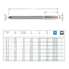 Метчик М 6,0х1,0 (Гаечный) DIN357 HSS-G 6h 2/3xL2 110мм a=3,4 Ruko 243060