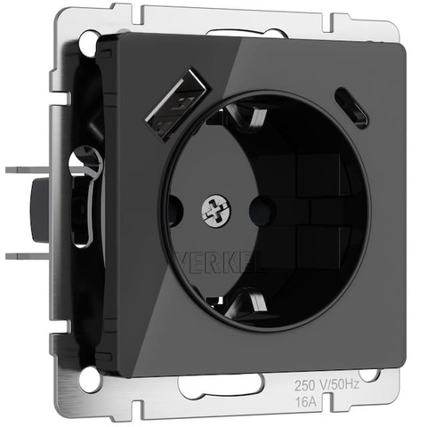 Розетка электрическая с USB зарядкой 2К+З/2хUSB тип А/C, с заземлением и шторками - 16 А - 250 В~. Цвет Чёрный акрил. Werkel(Веркель). Встраиваемые механизмы. a064044 / W1171748