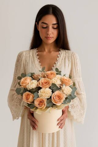 Композиция в коробке с персиковой розой