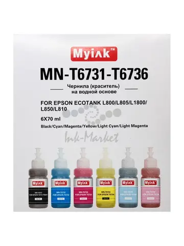 Чернила MyInk для Epson Ecotank L800, L805, L1800, L850, L810 (T6731-T6736), водные, комплект 6 цветов по 70 мл