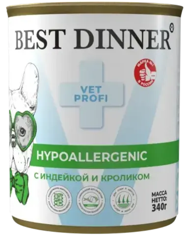 Best Dinner Hypoallergenic консервы для собак при пищевой аллергии (индейка с кроликом) 340 гр