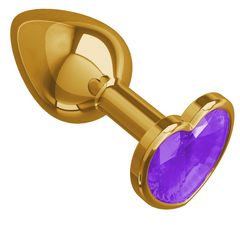 Золотистая анальная втулка с фиолетовым кристаллом-сердцем - 7 см. - 