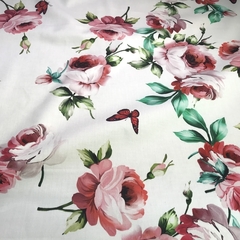 Мерный лоскут 1м ткань хлопок сатин  с эластаном розы на белом 2073