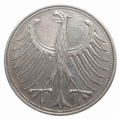 5 марок. Германия. (J). Серебро. 1968 год. VF