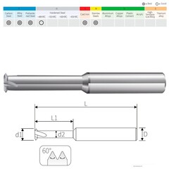 Резьбофреза М 2,5х0,45 (1-витк., UNI) 2,5xD 48Hrc AlCrN 4F 60° 4х50мм BSKT BSE001S008
