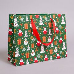 Пакет подарочный M горизонтальный, Новогодний, Зеленый, 30*23*10 см (Д*В*Ш)
