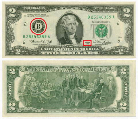 Банкнота США 2 доллара 1976A B 25346359 A (Нью-Йорк). AUNC