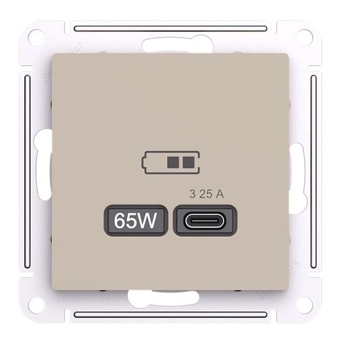 Розетка зарядное устройство USB разъём тип - C 65 Вт c протоколом QC, PD. Цвет Песочный. Schneider Electric AtlasDesign. ATN001227