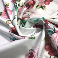 Мерный лоскут 1м ткань хлопок сатин  с эластаном розы на белом 2073