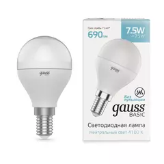 Лампа Gauss LED Basic Шар 7,5W E14 690lm 4100K 1053128