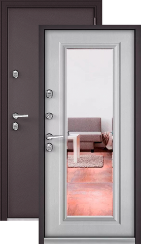 Термодверь входная Мастино (Бульдорс) Термо Стандарт МП 10Т-140 зеркало, 2 замка, 1,6 мм металл, (шоколад букле+белый дуб скандинавский)