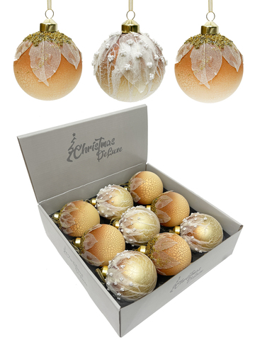 Набор шаров 8см 9шт ChristmasDeLuxe коричневый/кремовый с листьями