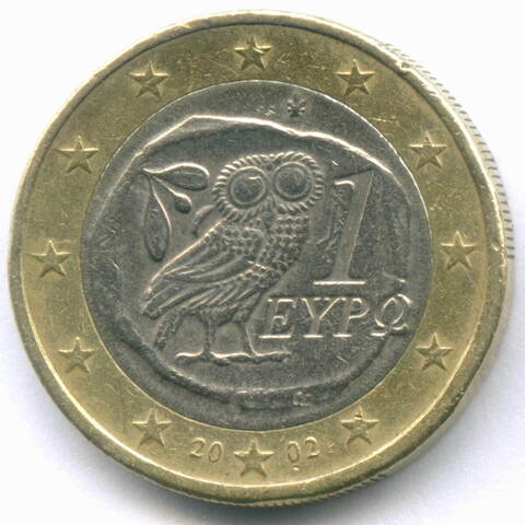 1 евро 2002 год. Греция. Регулярный выпуск. Тип 1. Биметалл VF