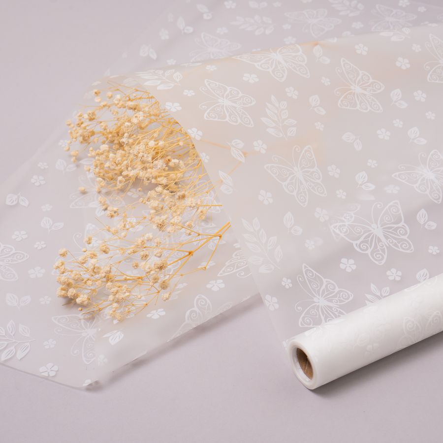 Упаковочная пленка/для цветов, Матовая, Бабочки, Белая, 55 мкм, 0,57*10 м