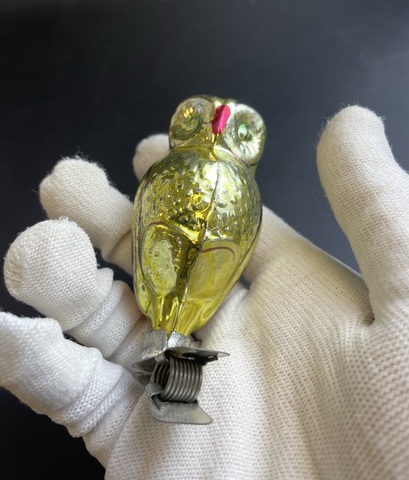 Ёлочная игрушка "Филин, сова" на прищепке, стекло, роспись, винтаж СССР 1950-1980 гг
