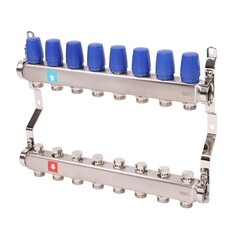 Блок коллекторный MVI из нержавеющей стали DN 25-8 выходов G 3/4, без расходомеров, без дренажного крана и воздухоотводчика, евроконус, MS.408.06
