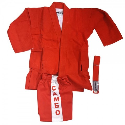 Кимоно самбо 130см (куртка,шорты,пояс) цв. красный (Дан) (31941)