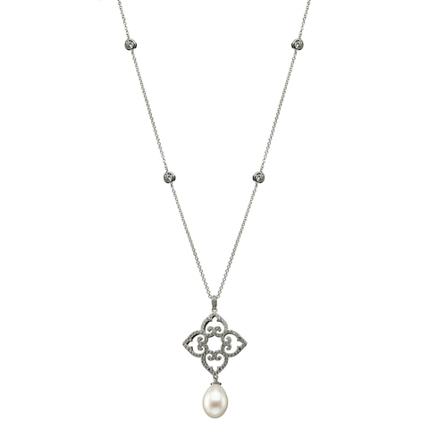 Long Quatrefoil Pendant, Rhodium, Cubic Zircons