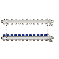 Коллектор распределительный Ридан SSM-12R set с кронштейнами, ручным воздухоотводчиком, сливным краном и торцевой заглушкой, 12 выходами