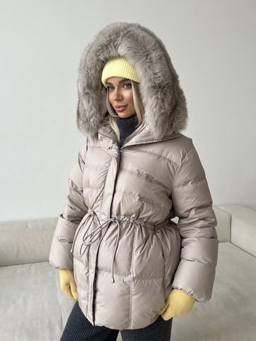 Пуховик Fresh миди с кулиской бежевый