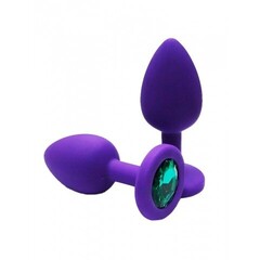 Анальная пробка из фиолетового силикона с тёмно-зелёным кристаллом (размер S)