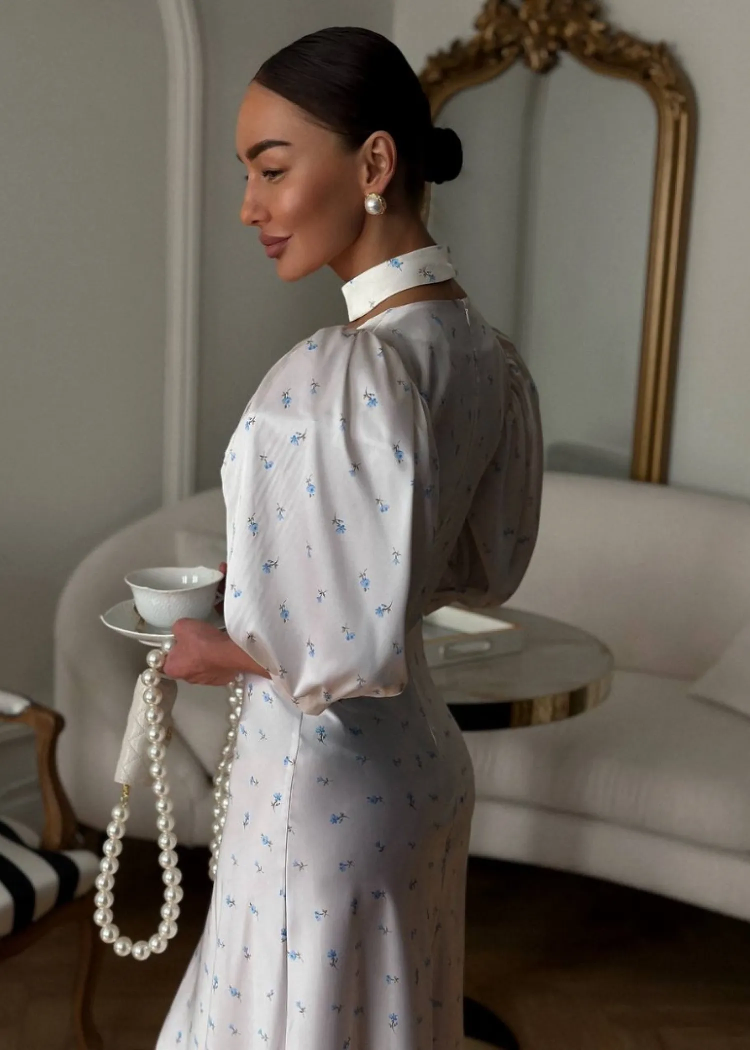 Платье Фото из Парижа голубой цветок, Молочный