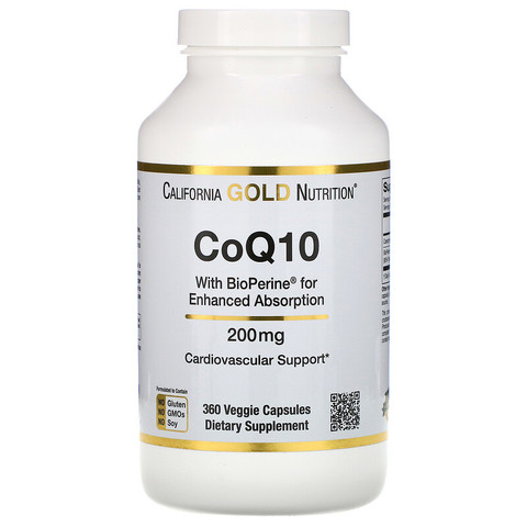 California Gold Nutrition, Коэнзим Q10 фармацевтической чистоты (ФСША) с Bioperine, 200 мг, 360 растительных капсул