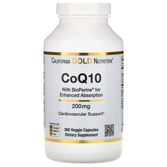 California Gold Nutrition, Коэнзим Q10 фармацевтической чистоты (ФСША) с Bioperine, 200 мг, 360 растительных капсул