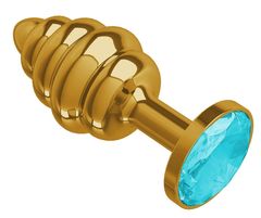 Золотистая пробка с рёбрышками и голубым кристаллом - 7 см. - 