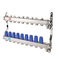 Блок коллекторный MVI из нержавеющей стали DN 25-9 выходов G 3/4, без расходомеров, с дренажным краном и воздухоотводчиком, евроконус, MS.609.06