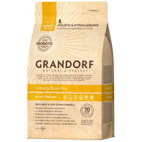 Grandorf Cat 4 Meat&Rice Probiotic STERILISED 4 мяса с рисом и пробиотиками, сухой (400 г)