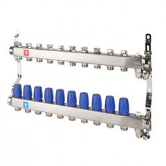 Блок коллекторный MVI из нержавеющей стали DN 25-10 выходов G 3/4, без расходомеров, с дренажным краном и воздухоотводчиком, евроконус, MS.610.06